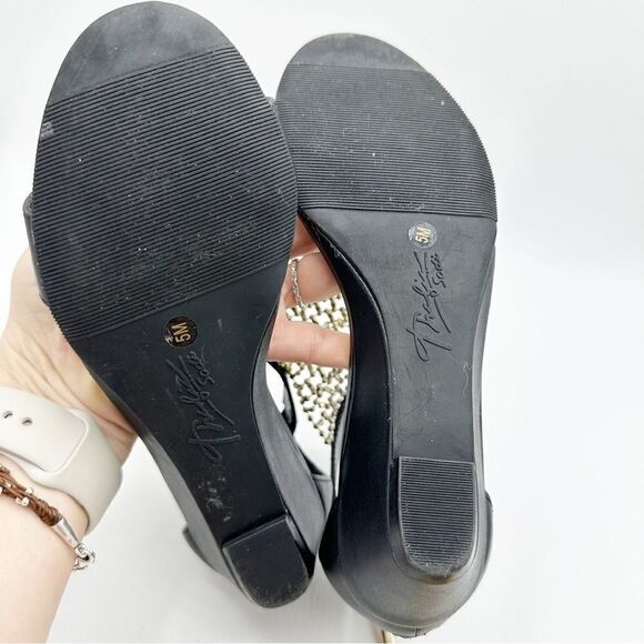 Thalia Sodi‎ Black Tibby Gold/Crystal Mesh Embellished Wedge Open-Toe Sandals 5M - Picture 14 of 16